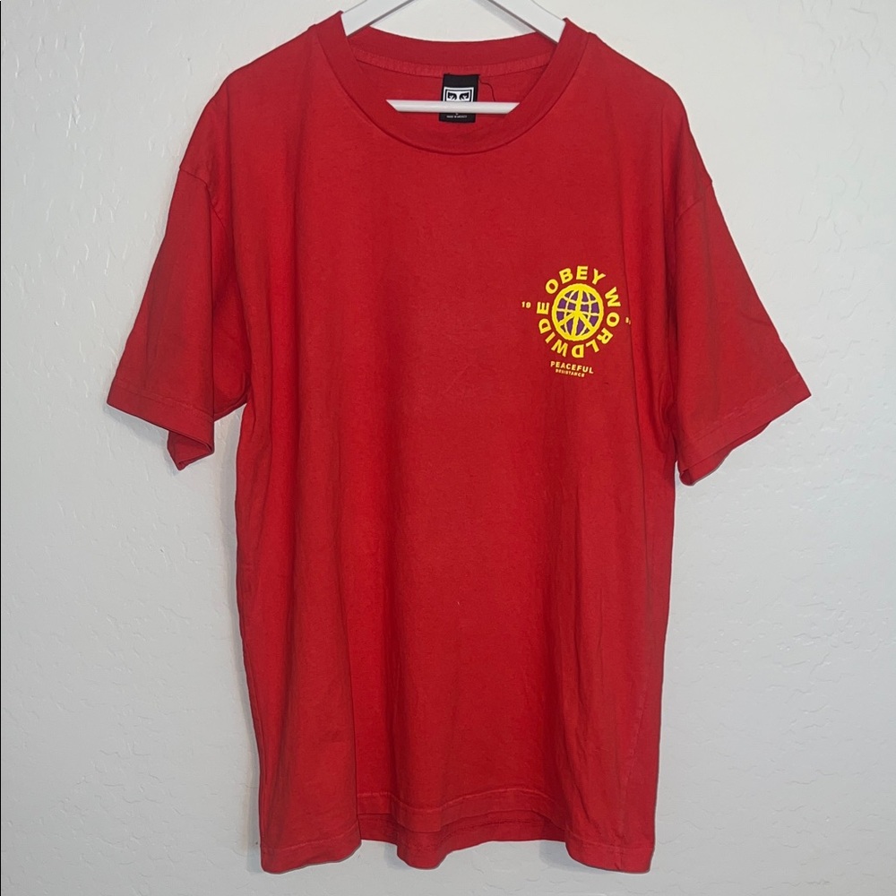 Obey Red Tee with Yellow Globe Logo Design L
